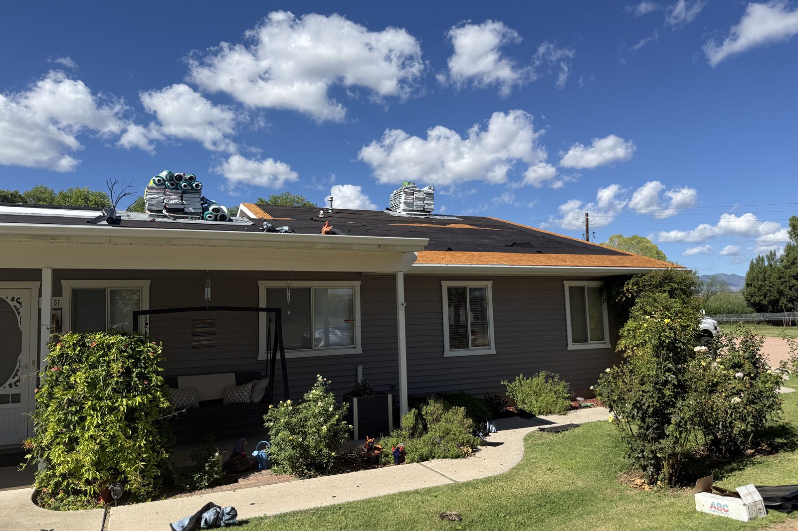 Roof replacement in progress Roof replacement in progress on a Northern Arizona home