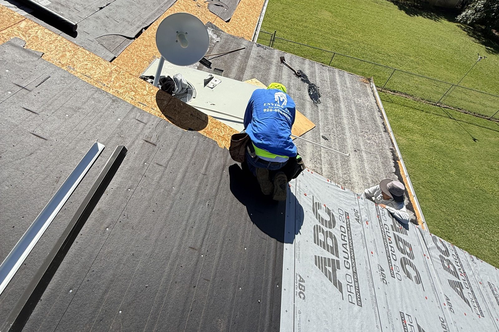 Underlayment around a roof penetration Underlayment installed around a rooftop satellite dish mount